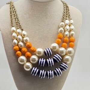 Preppy Nautical Stripe & Faux Pearl Statement Necklace - Lightweight